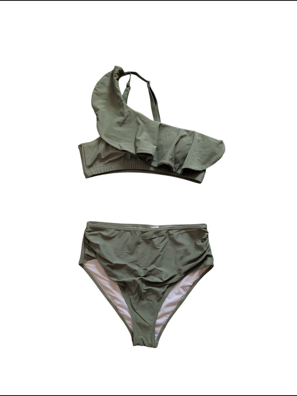 Olive One-Shoulder Ruffle Bikini Set - Women Swim